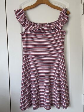 Aeropostale Juniors Large Pink Stripe Ruffle Neck Mini Dress Stretch